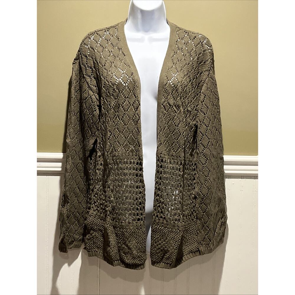 INC Olive Green Crochet Cardigan – Open Cotton Knit Women’s Medium